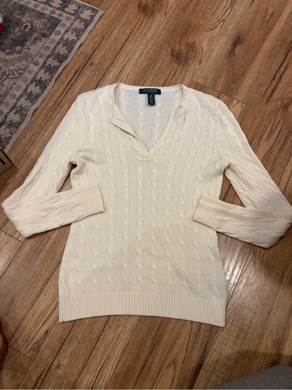 Ralph Lauren Ivory Cable-Knit V-Neck Sweater